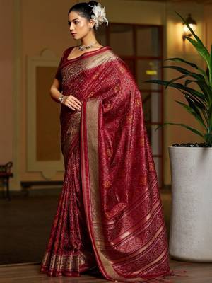 Maroon woven design zari silk blend designer patola saree 1