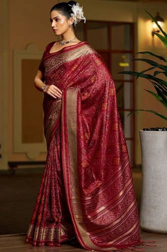 Maroon woven design zari silk blend designer patola saree