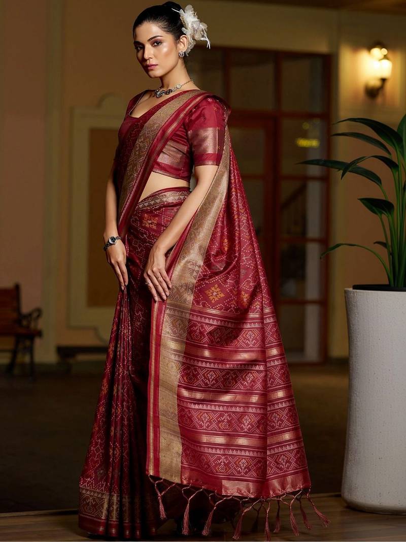 Maroon woven design zari silk blend designer patola saree