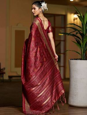 Maroon woven design zari silk blend designer patola saree 3