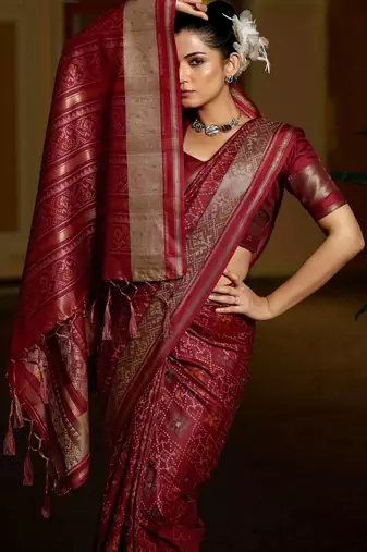 Maroon woven design zari silk blend designer patola saree