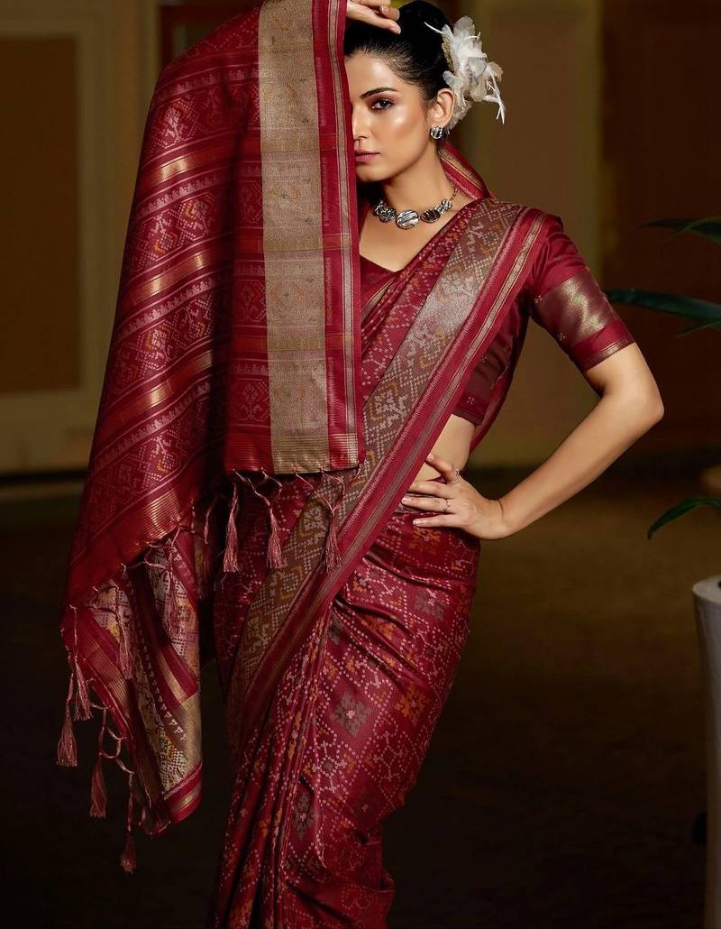 Maroon woven design zari silk blend designer patola saree