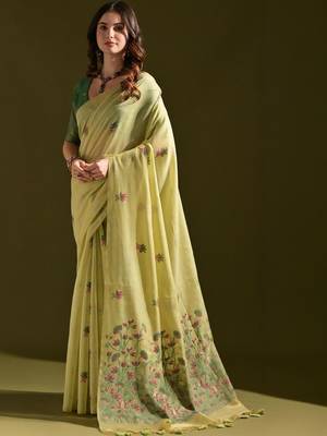Lime light-green woven design cotton linen soft silk saree 1