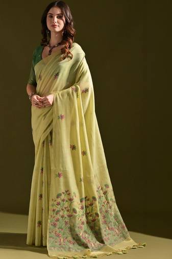 Lime light-green woven design cotton linen soft silk saree