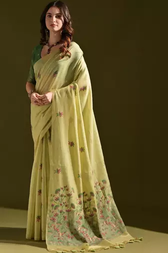 Lime light-green woven design cotton linen soft silk saree