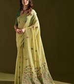 Lime light-green woven design cotton linen soft silk saree