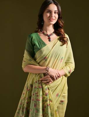 Lime light-green woven design cotton linen soft silk saree 2
