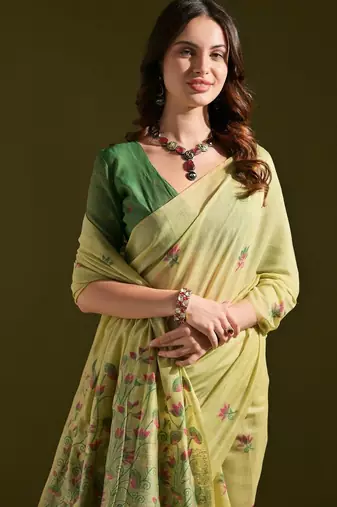Lime light-green woven design cotton linen soft silk saree