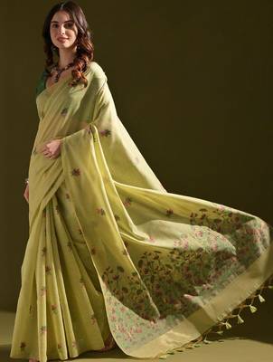 Lime light-green woven design cotton linen soft silk saree 3
