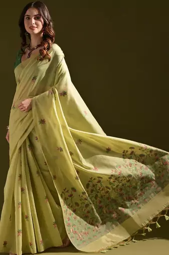 Lime light-green woven design cotton linen soft silk saree