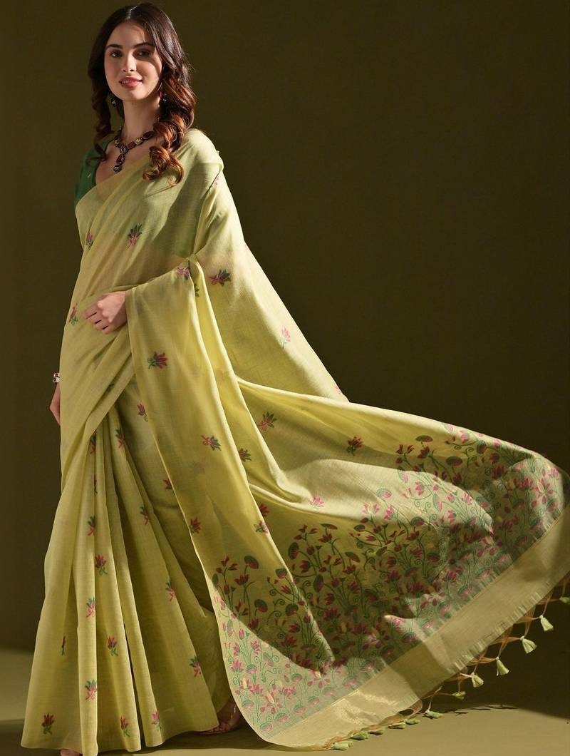 Lime light-green woven design cotton linen soft silk saree