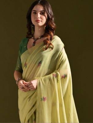 Lime light-green woven design cotton linen soft silk saree 4