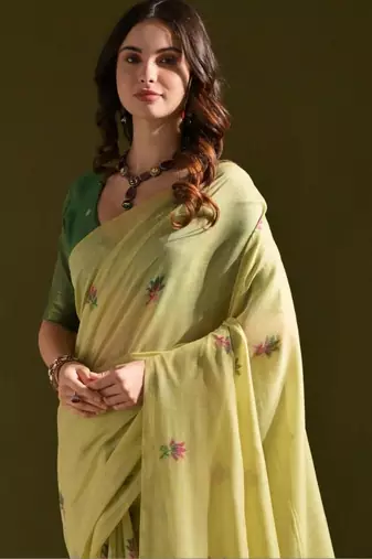 Lime light-green woven design cotton linen soft silk saree