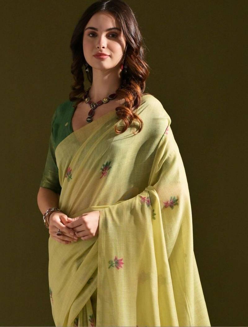 Lime light-green woven design cotton linen soft silk saree