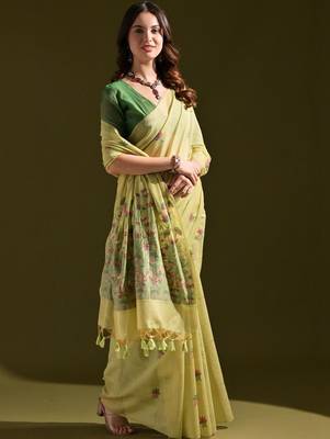 Lime light-green woven design cotton linen soft silk saree 5