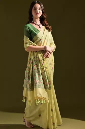 Lime light-green woven design cotton linen soft silk saree