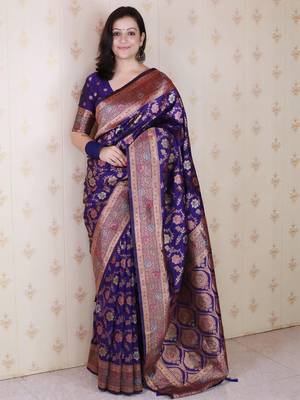 Violet woven design zari silk blend banarasi saree 1