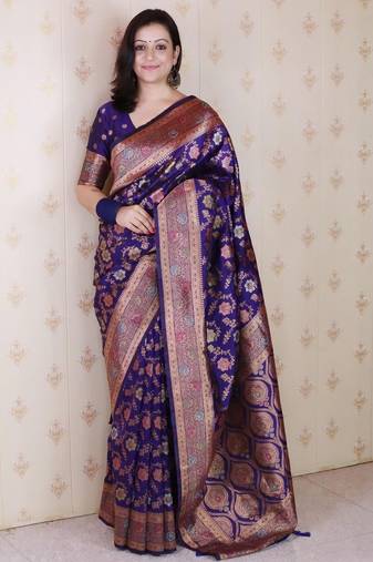 Violet woven design zari silk blend banarasi saree