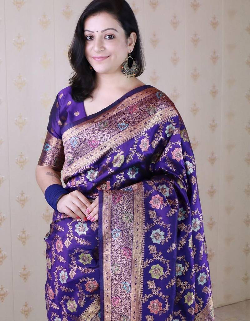 Violet woven design zari silk blend banarasi saree