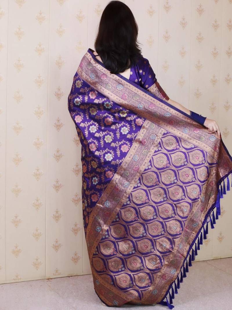 Violet woven design zari silk blend banarasi saree