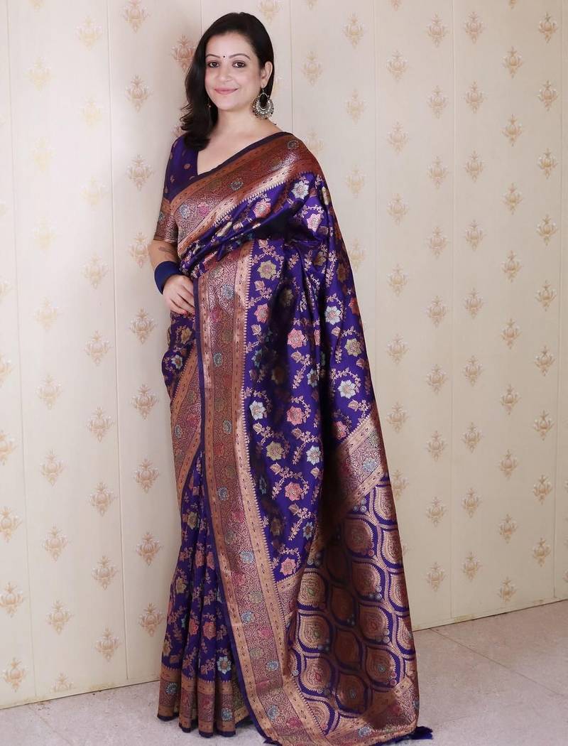 Violet woven design zari silk blend banarasi saree