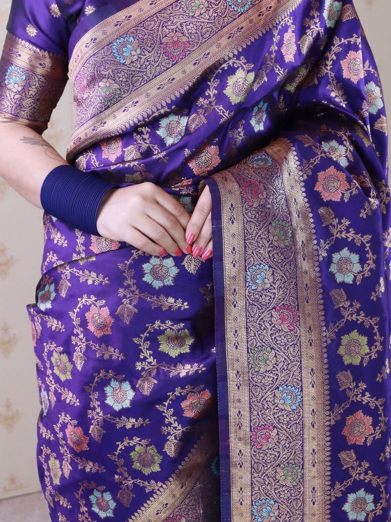Violet woven design zari silk blend banarasi saree
