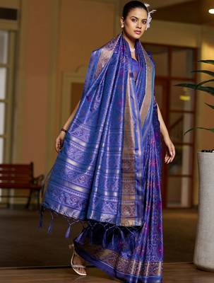 Blue floral zari silk blend designer patola saree 1