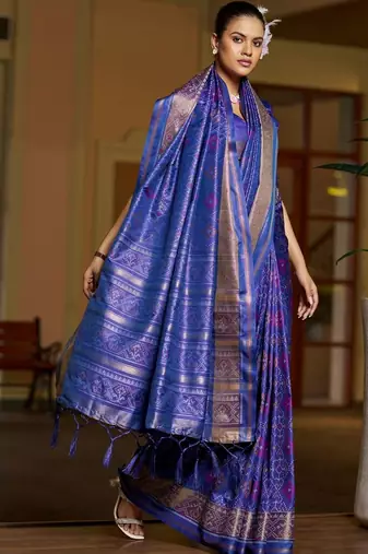 Blue floral zari silk blend designer patola saree