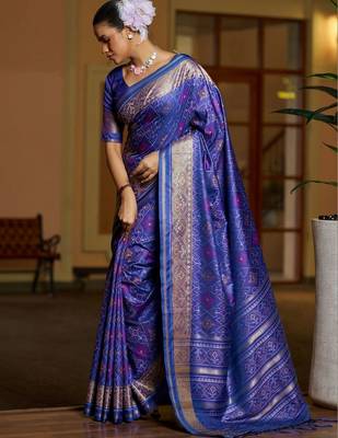 Blue floral zari silk blend designer patola saree 2