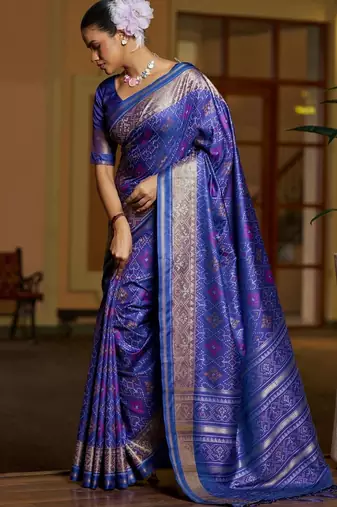 Blue floral zari silk blend designer patola saree