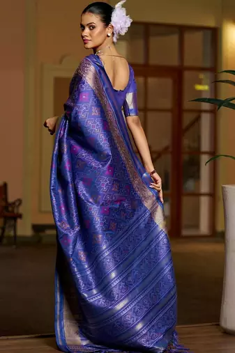 Blue floral zari silk blend designer patola saree