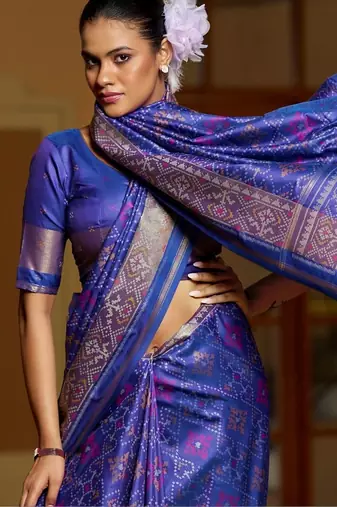 Blue floral zari silk blend designer patola saree