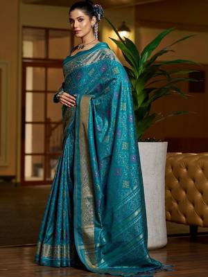 Teal floral zari silk blend designer patola saree 1