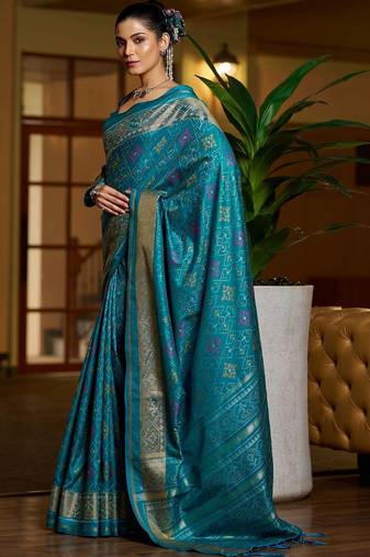Teal floral zari silk blend designer patola saree
