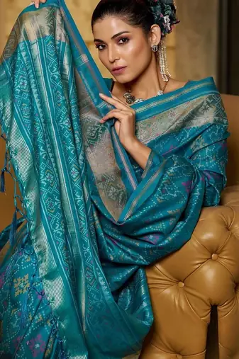 Teal floral zari silk blend designer patola saree