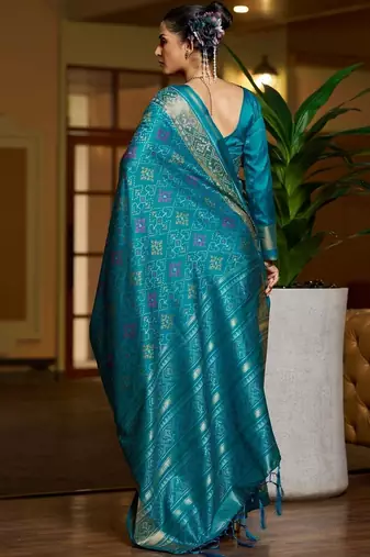 Teal floral zari silk blend designer patola saree