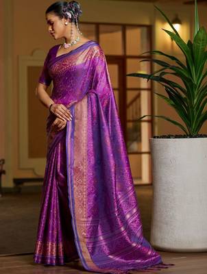 Purple floral zari silk blend designer patola saree 1