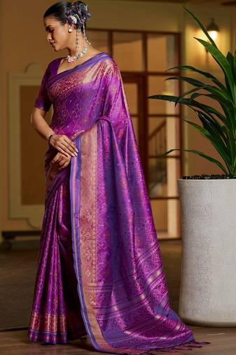 Purple floral zari silk blend designer patola saree