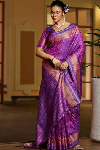 Purple floral zari silk blend designer patola saree