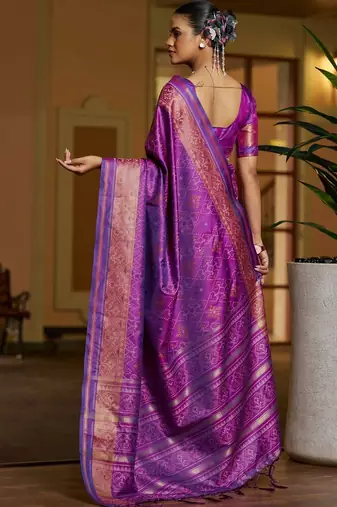 Purple floral zari silk blend designer patola saree