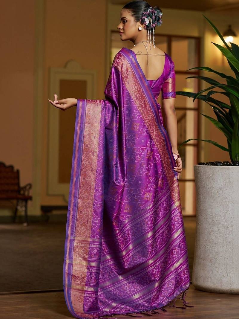 Purple floral zari silk blend designer patola saree