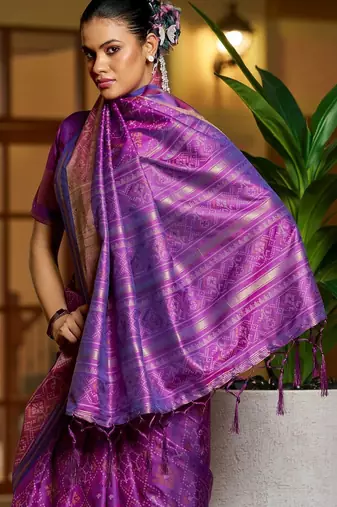 Purple floral zari silk blend designer patola saree