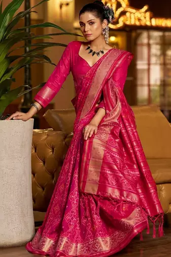 Pink woven design zari silk blend designer patola saree