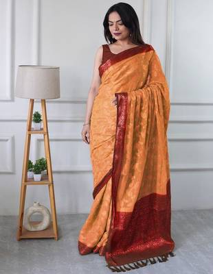 Peach woven design zari  georgette banarasi saree 1