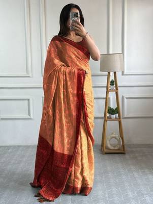 Peach woven design zari  georgette banarasi saree 2