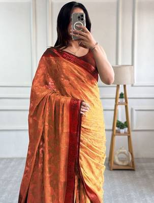 Peach woven design zari  georgette banarasi saree 3