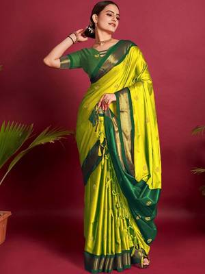 Lime woven design zari art silk kanjeevaram saree 1