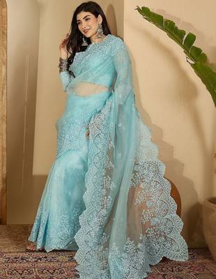 Blue embellished embroidered organza heavy work saree 1
