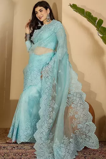 Blue embellished embroidered organza heavy work saree