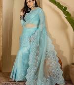 Blue embellished embroidered organza heavy work saree